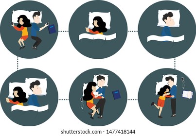 Cute Couple sleeping poses concept icons set flat isolated vector illustration