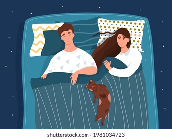 Cute couple is sleeping together with cat. Young wife lying awake with open eyes staring at husband. Concept of trouble with sleep, family issues. Flat cartoon vector illustration