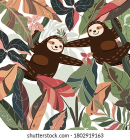 Cute a couple sloth in fantasy forest,illustration vector doodle comic art.