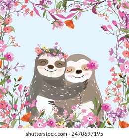Cute a couple sloth in flower frame