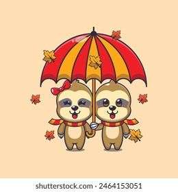 Cute couple sloth with umbrella at autumn season. Mascot cartoon vector illustration suitable for poster, brochure, web, mascot, sticker, logo and icon.