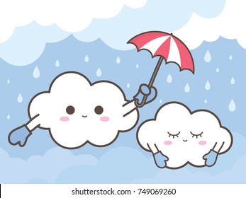 Cute couple smiling cloud holding umbrella to protect his lover on rainy background. vector illustration.