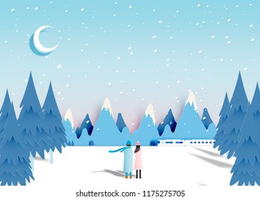 Cute couple with snow landscape in paper art style vector illustration