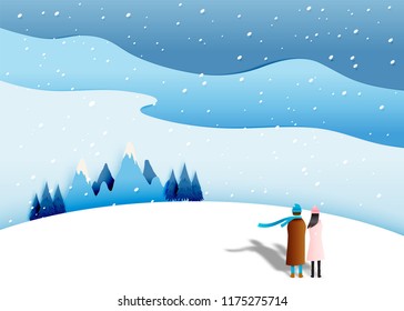 Cute couple with snow landscape in paper art style vector illustration