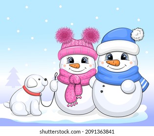 Cute couple of snowmen with snow dog. Winter vector illustration on a blue background.