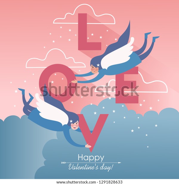 Cute Couple Soaring Whitewinged Angels Valentines Stock - 