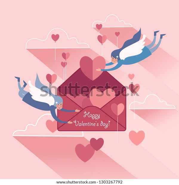 Cute Couple Soaring Whitewinged Angels Valentines Stock - 