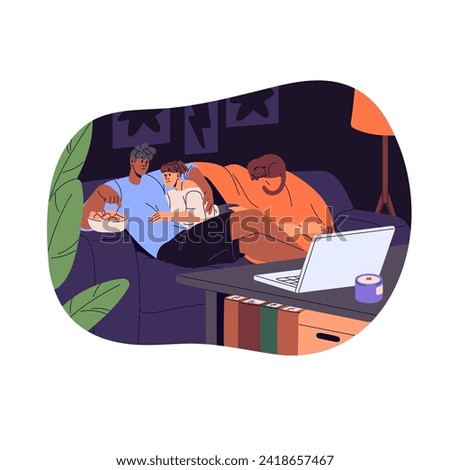 Cute couple spend leisure time together. Love partners sit on sofa, hug, watch movie. Cozy romantic evening at home. Romance in relationship. Flat isolated vector illustration on white background