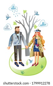 Cute couple in spring time. Romantic man holding hand woman under tree, blooming flowers, warm rain. Family pastime outdoor together. Change of year seasonal concept. Vector character illustration