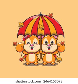 Cute couple squirrel with umbrella at autumn season. Mascot cartoon vector illustration suitable for poster, brochure, web, mascot, sticker, logo and icon.