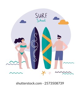 Cute couple standing on beach with surfboards. Caucasian surfing people on a seashore. Sand, ocean on background. Summertime, extreme sport. Surf school, spot. flat vector illustration