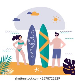 Cute couple standing on beach with surfboards. Caucasian surfing people on a beach. Sand, ocean on background. Summertime, extreme sport. Surf spot. flat vector illustration