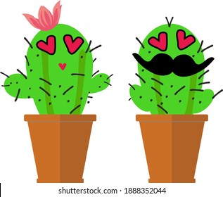 Cute couple succulent or cactus plant in ceramic pot in love