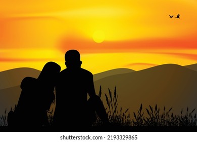 cute couple with sunset silhouette