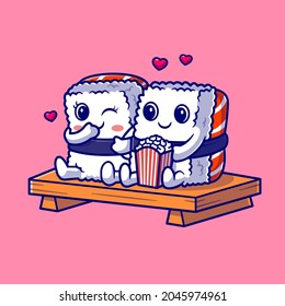 Cute Couple Sushi Eating Popcorn Cartoon Vector Icon Illustration. Food Object Icon Concept Isolated Premium Vector. Flat Cartoon Style 