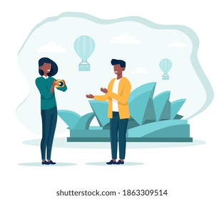 Cute couple taking photo on vacation. Concept of travelling abroad and visiting sightseeings with guide. Travel agency service. Flat cartoon vector illustration