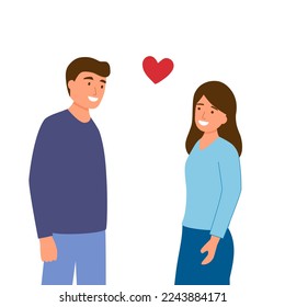 Cute couple talking in flat design on white background. Falling in love concept vector illustration.