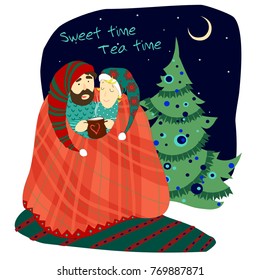 Cute couple tea time illustration for booklet, card 