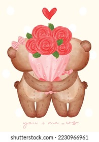 cute couple teddy bear doll kissing behind rose bouquet, adorable cartoon watercolour hand drawn vector illustration 