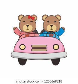 Cute couple of teddy bear driving car 