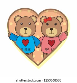 Cute couple of teddy bear in heart shape frame 