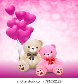 Cute couple teddy bear holding pink heart balloons on pink background - vector and illustration.