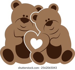 Cute Couple of Teddy Bears Holding a Heart. Vector Illustration