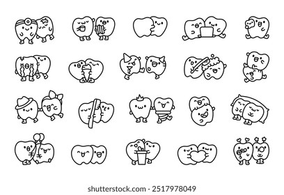 Cute couple of teeth. Coloring Page. Adorable cartoon character. Hand drawn style. Vector drawing. Collection of design elements.