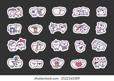 Cute couple of teeth. Sticker Bookmark. Adorable cartoon character. Hand drawn style. Vector drawing. Collection of design elements.