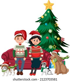 Cute couple and their dogs wearing Christmas outfits  illustration