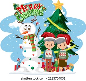 Cute couple and their dogs wearing Christmas outfits  illustration