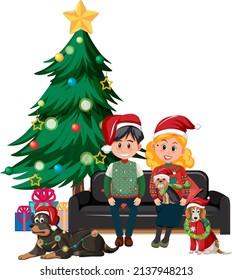 Cute couple and their dogs wearing Christmas outfits  illustration