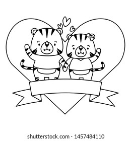 cute couple tiger animals heart love ribbon vector illustration