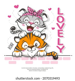 Cute Couple Tiger Cartoon Illustration