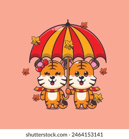 Cute couple tiger with umbrella at autumn season. Mascot cartoon vector illustration suitable for poster, brochure, web, mascot, sticker, logo and icon.