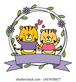 cute couple tigers animals wreath flowers vector illustration