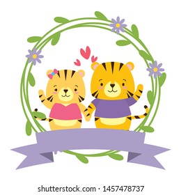 cute couple tigers animals wreath flowers vector illustration