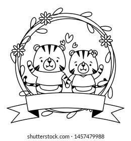 cute couple tigers animals wreath flowers vector illustration