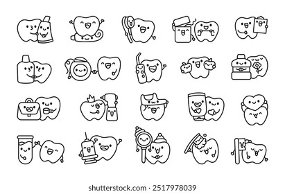 Cute couple tooth and friend. Coloring Page. Adorable cartoon character. Hand drawn style. Vector drawing. Collection of design elements.