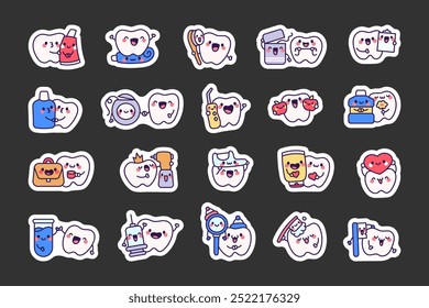 Cute couple tooth and friend. Sticker Bookmark. Adorable cartoon character. Hand drawn style. Vector drawing. Collection of design elements.