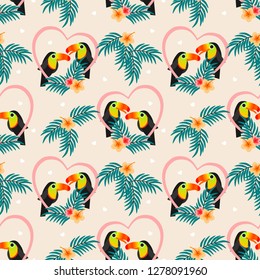 Cute couple toucan seamless pattern. Lovely animal in Valentine concept.