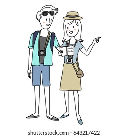 Cute couple of tourists holding travel guide book, discussing and checking location of a place to visit. Female tourist pointing direction of tourist spot. Vector illustration with hand-drawn style.