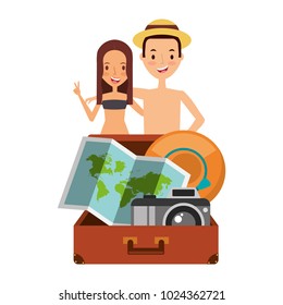 cute couple tourists suitcase camera map and hat