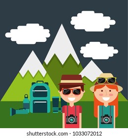 cute couple tourists vacation mountains backpack