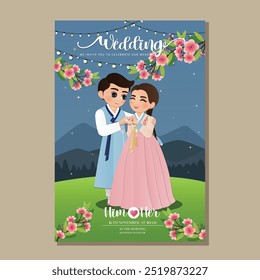 Cute couple in traditional hanbok dress cartoon character of South Korea.Wedding invitations card