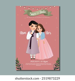 Cute couple in traditional hanbok dress cartoon character of South Korea.Wedding invitations card