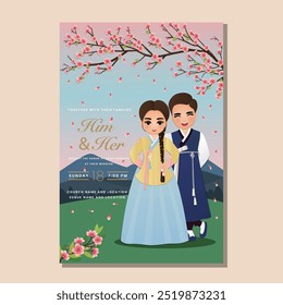 Cute couple in traditional hanbok dress cartoon character of South Korea.Wedding invitations card