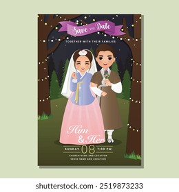 Cute couple in traditional hanbok dress cartoon character of South Korea.Wedding invitations card