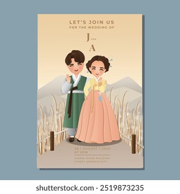 Cute couple in traditional hanbok dress cartoon character of South Korea.Wedding invitations card