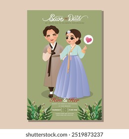 Cute couple in traditional hanbok dress cartoon character of South Korea.Wedding invitations card